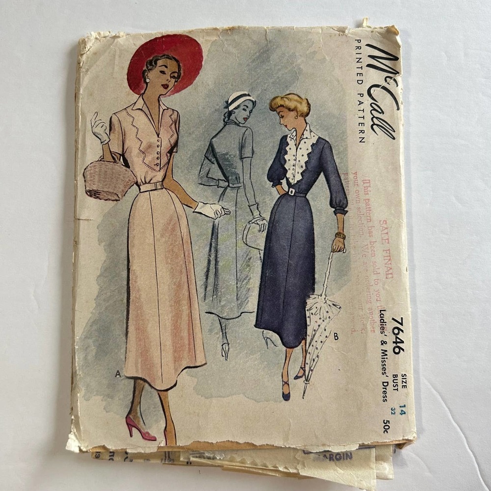 McCalls Vintage1940's Pattern #7646 Dress Size 14 HTF RARE‎